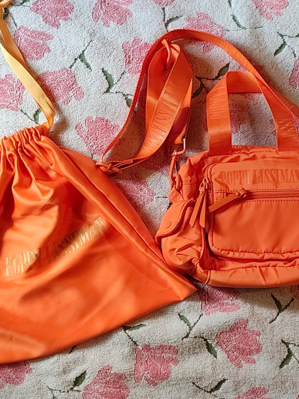 Poppy Lissiman Orange Nylon Crossbody Bag with Multiple Pockets
